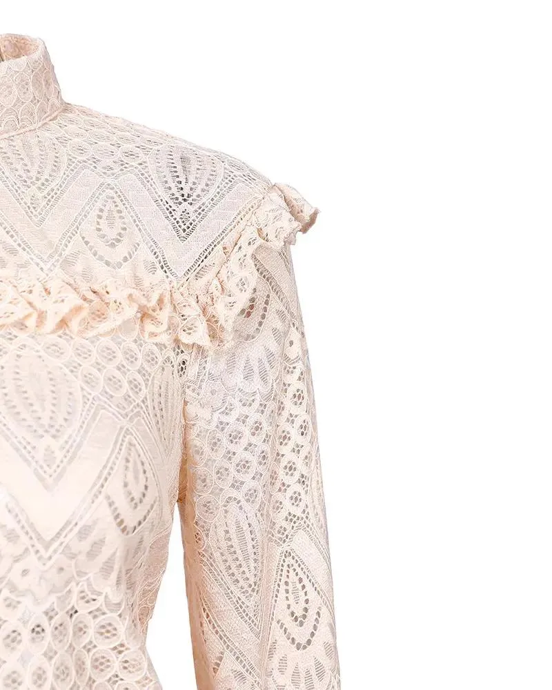 Xieyinshe - Hollow Out Ruffled Lace Long Sleeve Top