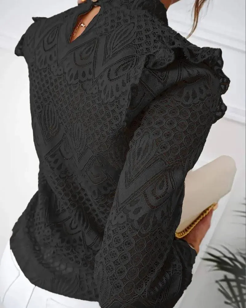 Xieyinshe - Hollow Out Ruffled Lace Long Sleeve Top