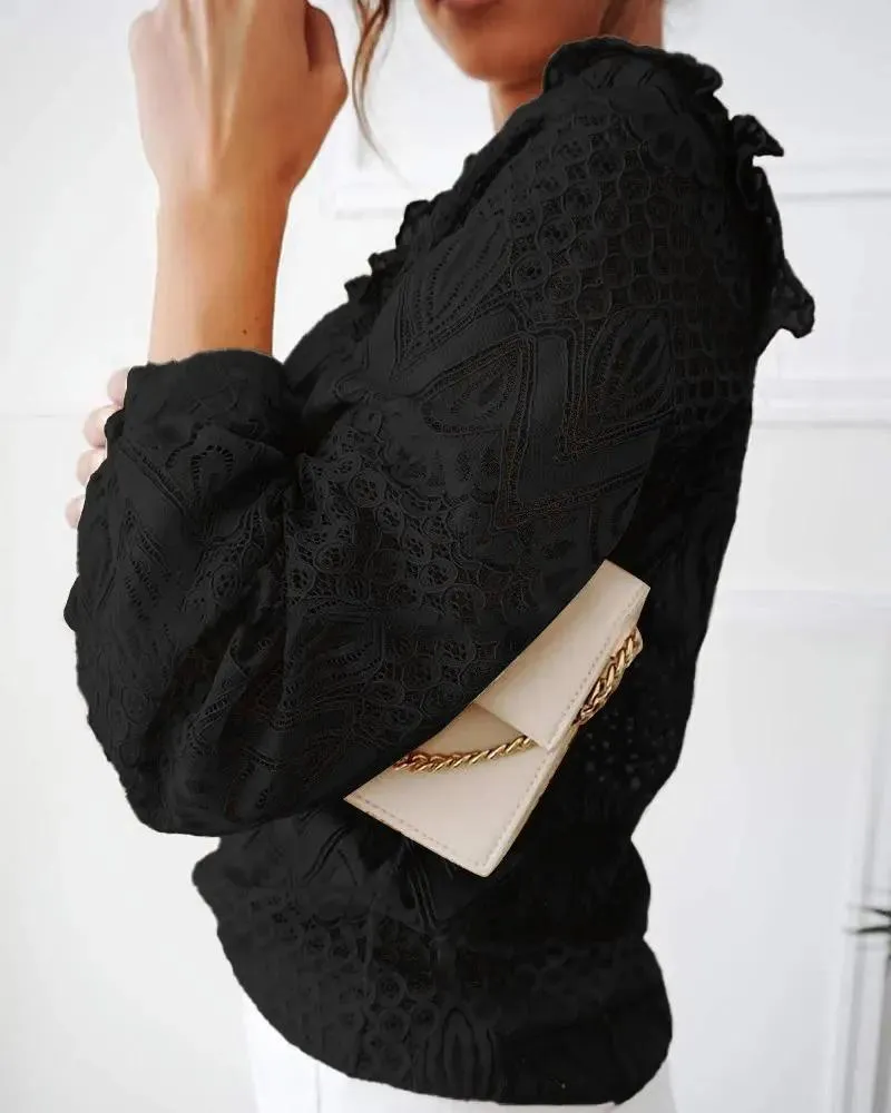 Xieyinshe - Hollow Out Ruffled Lace Long Sleeve Top