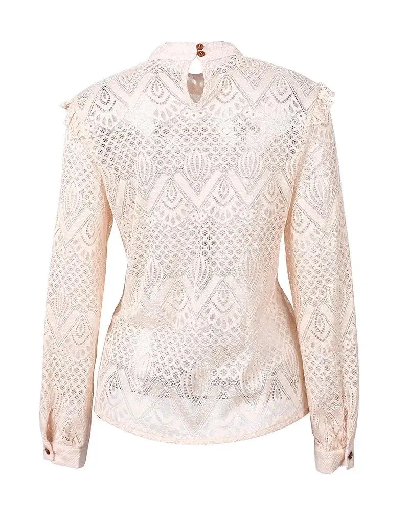 Xieyinshe - Hollow Out Ruffled Lace Long Sleeve Top