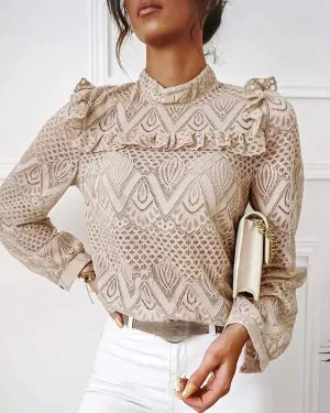 Xieyinshe - Hollow Out Ruffled Lace Long Sleeve Top