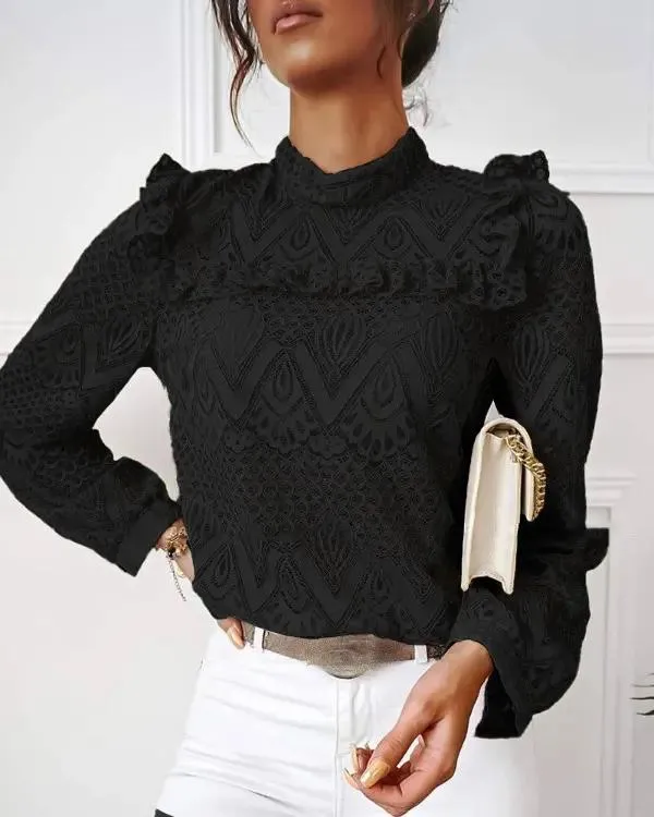 Xieyinshe - Hollow Out Ruffled Lace Long Sleeve Top