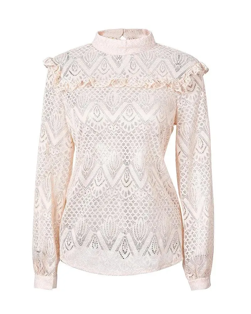 Xieyinshe - Hollow Out Ruffled Lace Long Sleeve Top