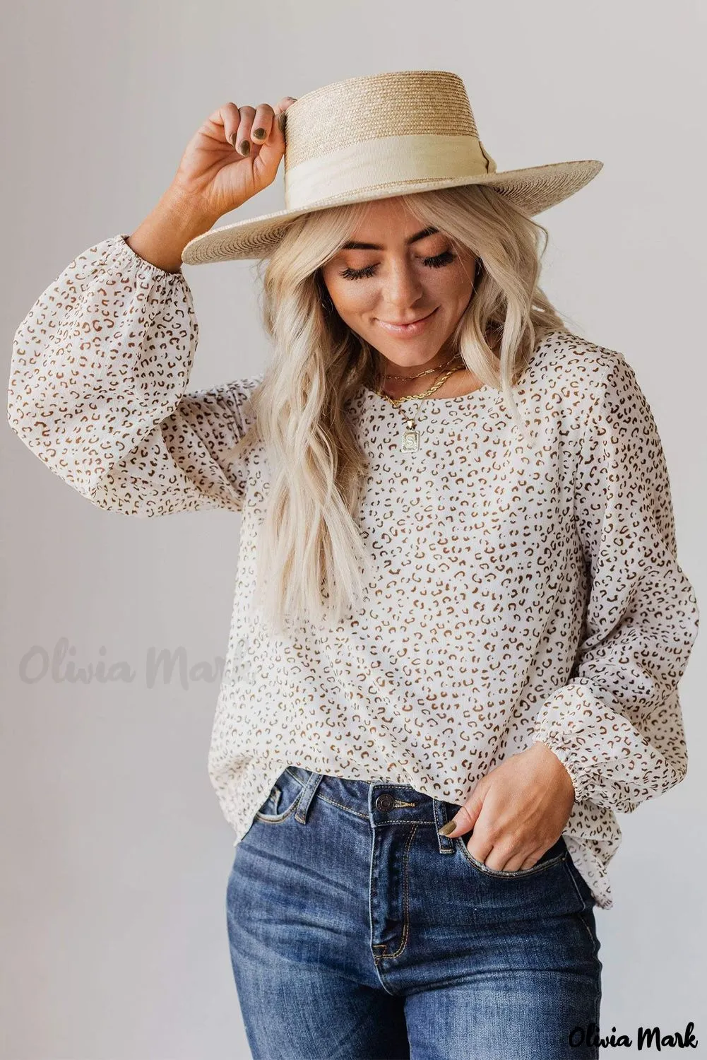 Xieyinshe - Leopard Long Sleeve Round Neck Blouse