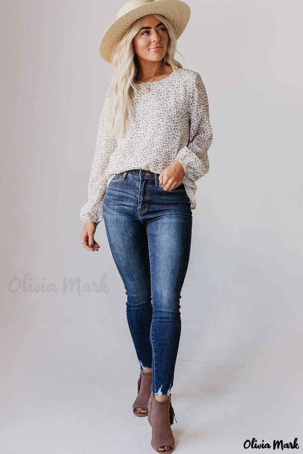 Xieyinshe - Leopard Long Sleeve Round Neck Blouse