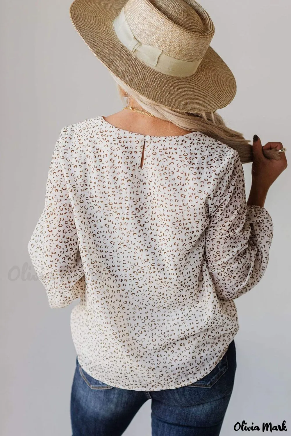 Xieyinshe - Leopard Long Sleeve Round Neck Blouse