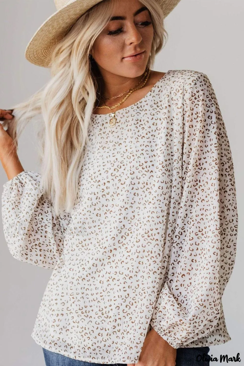 Xieyinshe - Leopard Long Sleeve Round Neck Blouse