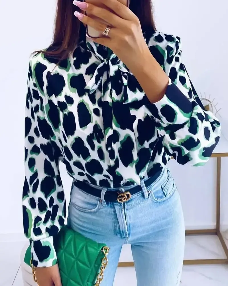 Xieyinshe - Leopard Print Tie Neck Long Sleeve Top