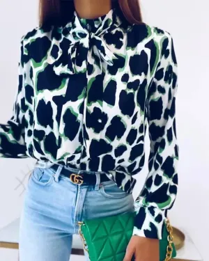 Xieyinshe - Leopard Print Tie Neck Long Sleeve Top