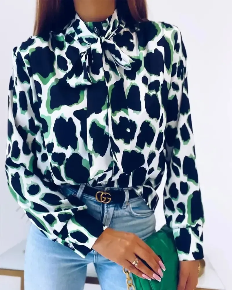 Xieyinshe - Leopard Print Tie Neck Long Sleeve Top