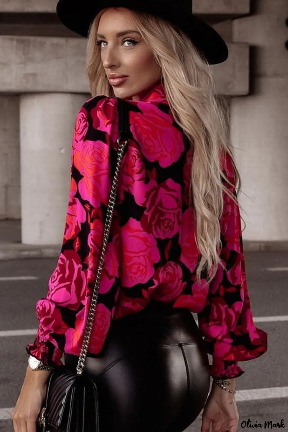 Xieyinshe - Long Sleeve Shirred Cuff Shirt with Rose Floral Design