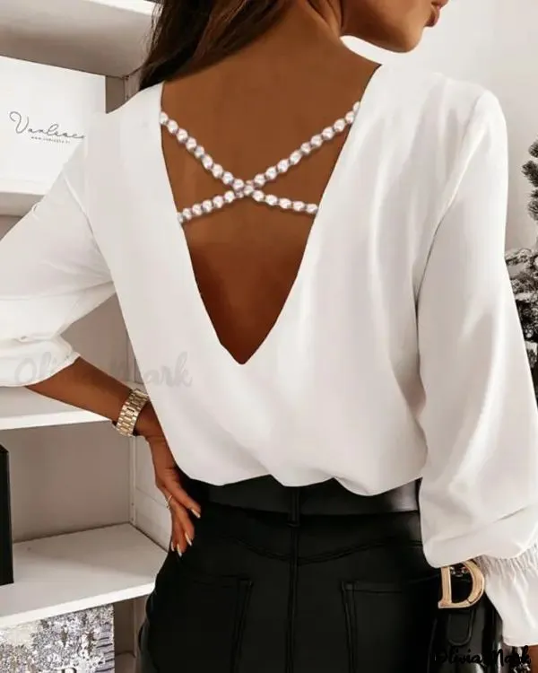 Xieyinshe - Long sleeve V-back top with criss-cross bead decor