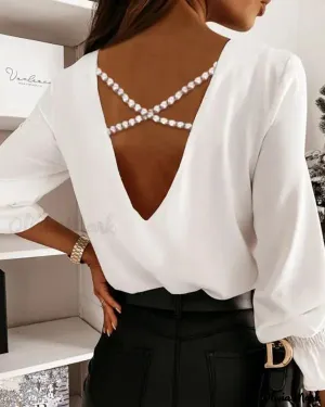 Xieyinshe - Long sleeve V-back top with criss-cross bead decor