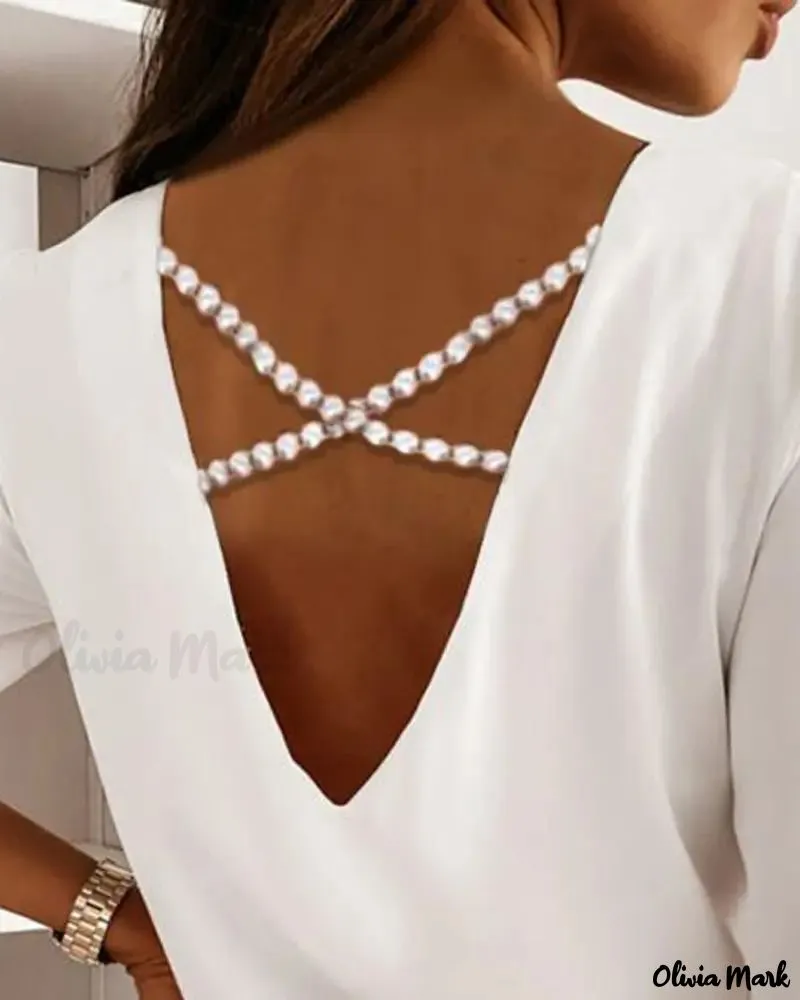 Xieyinshe - Long sleeve V-back top with criss-cross bead decor