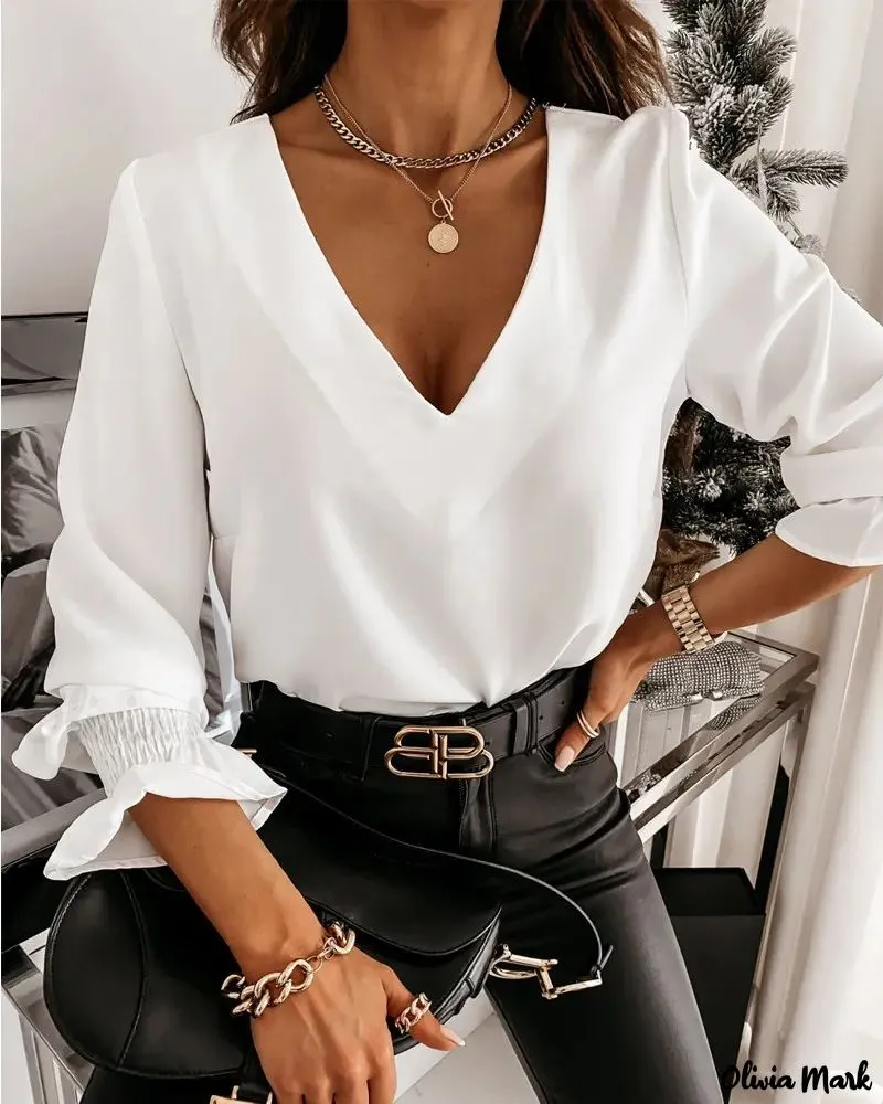 Xieyinshe - Long sleeve V-back top with criss-cross bead decor
