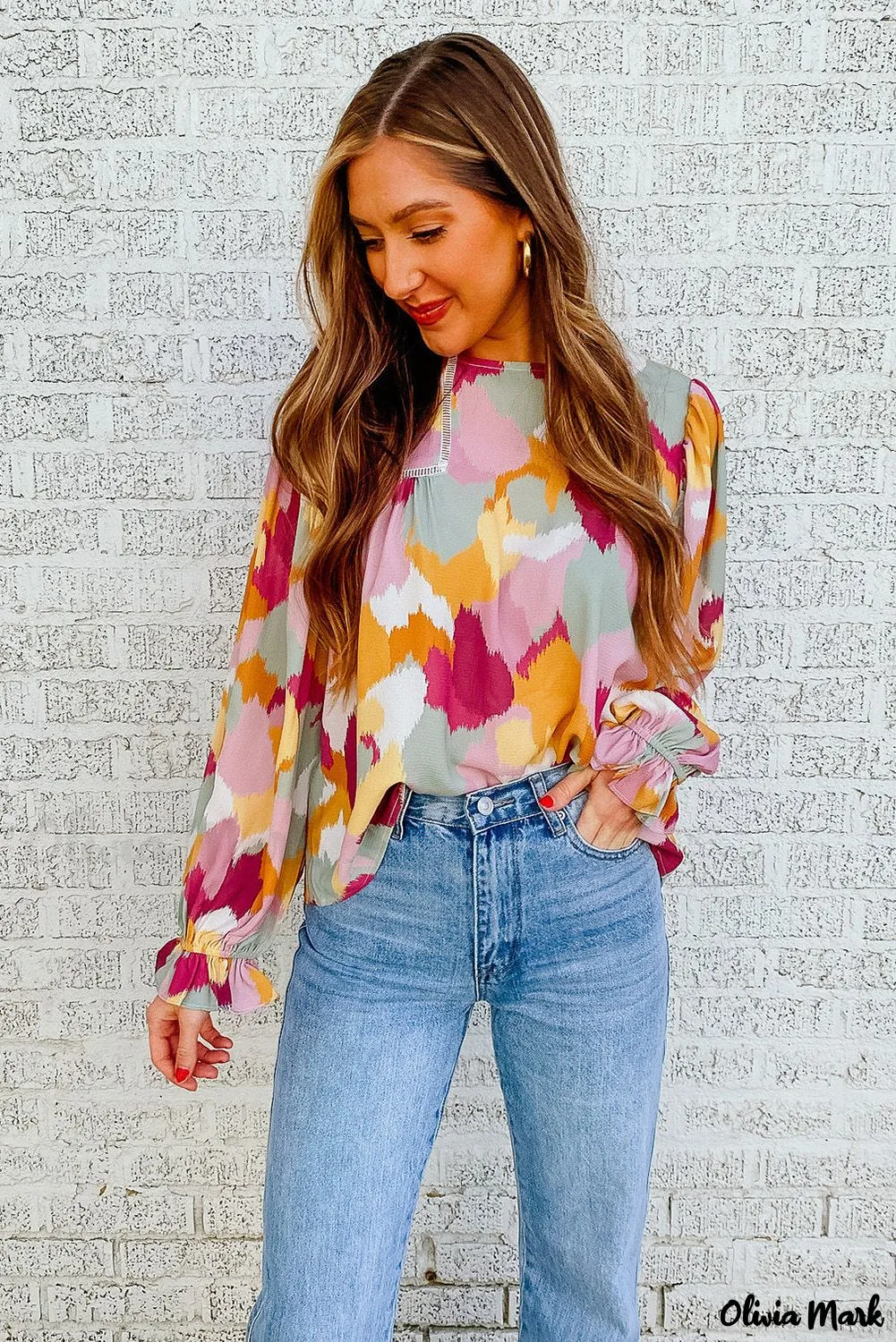 Xieyinshe - Multicolor Abstract Print Long Sleeve Blouse