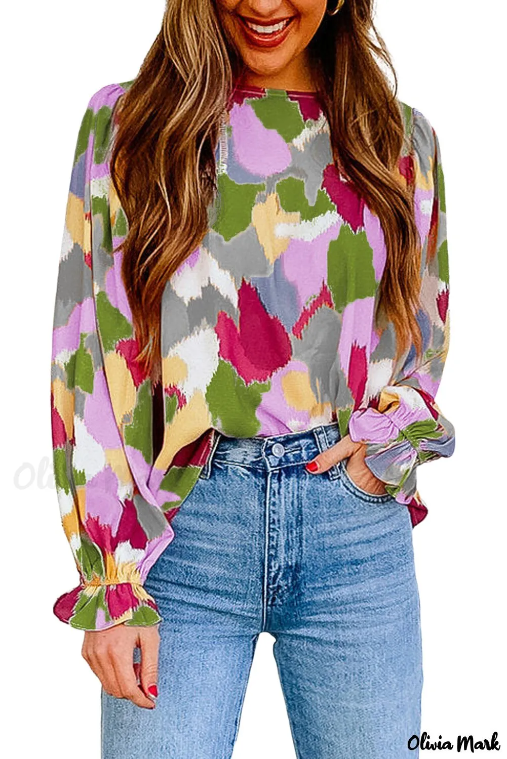 Xieyinshe - Multicolor Abstract Print Long Sleeve Blouse