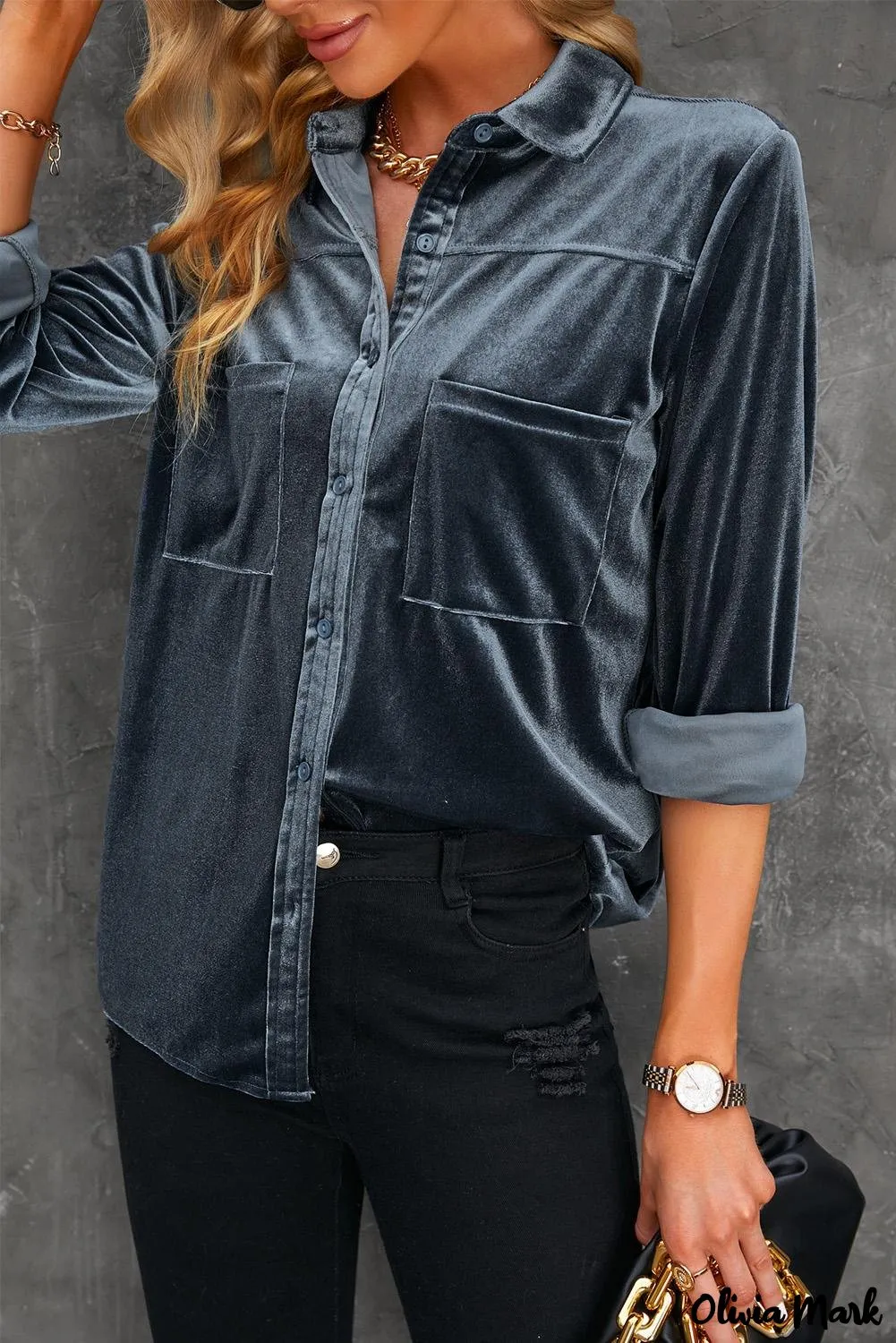 Xieyinshe - Navy Velvet Button Pocket Long Sleeve Shirt