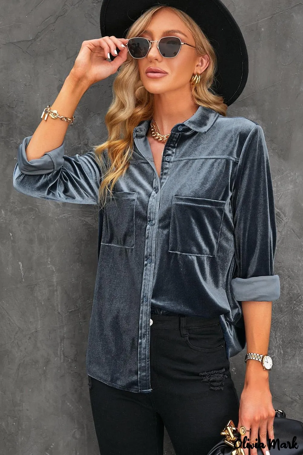 Xieyinshe - Navy Velvet Button Pocket Long Sleeve Shirt