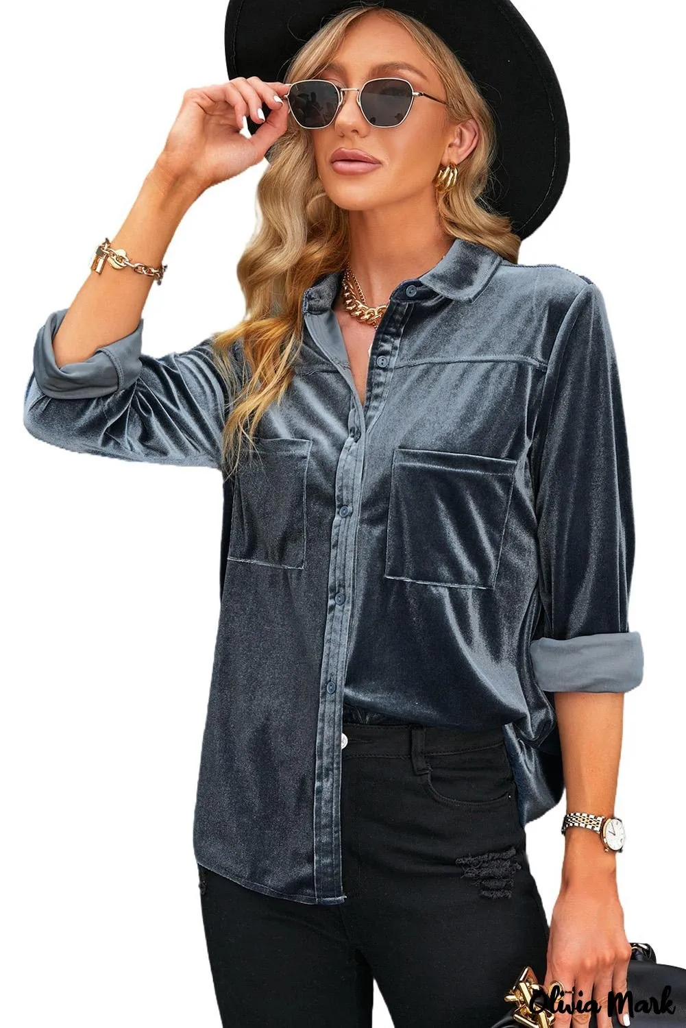 Xieyinshe - Navy Velvet Button Pocket Long Sleeve Shirt