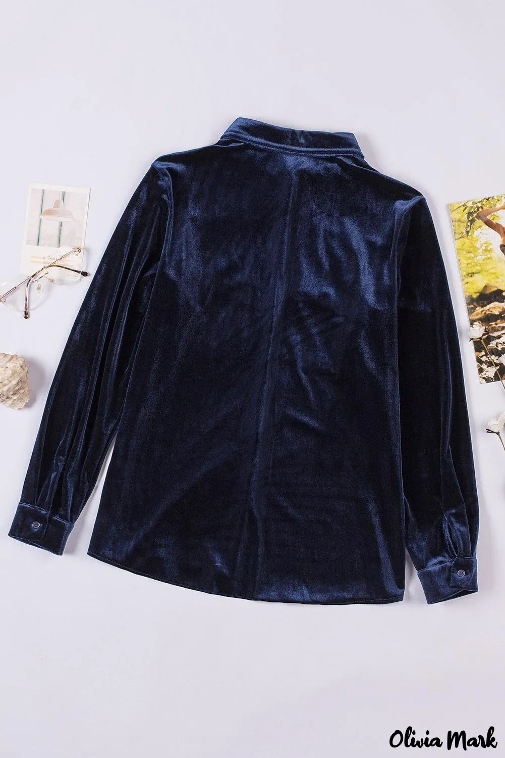 Xieyinshe - Navy Velvet Button Pocket Long Sleeve Shirt
