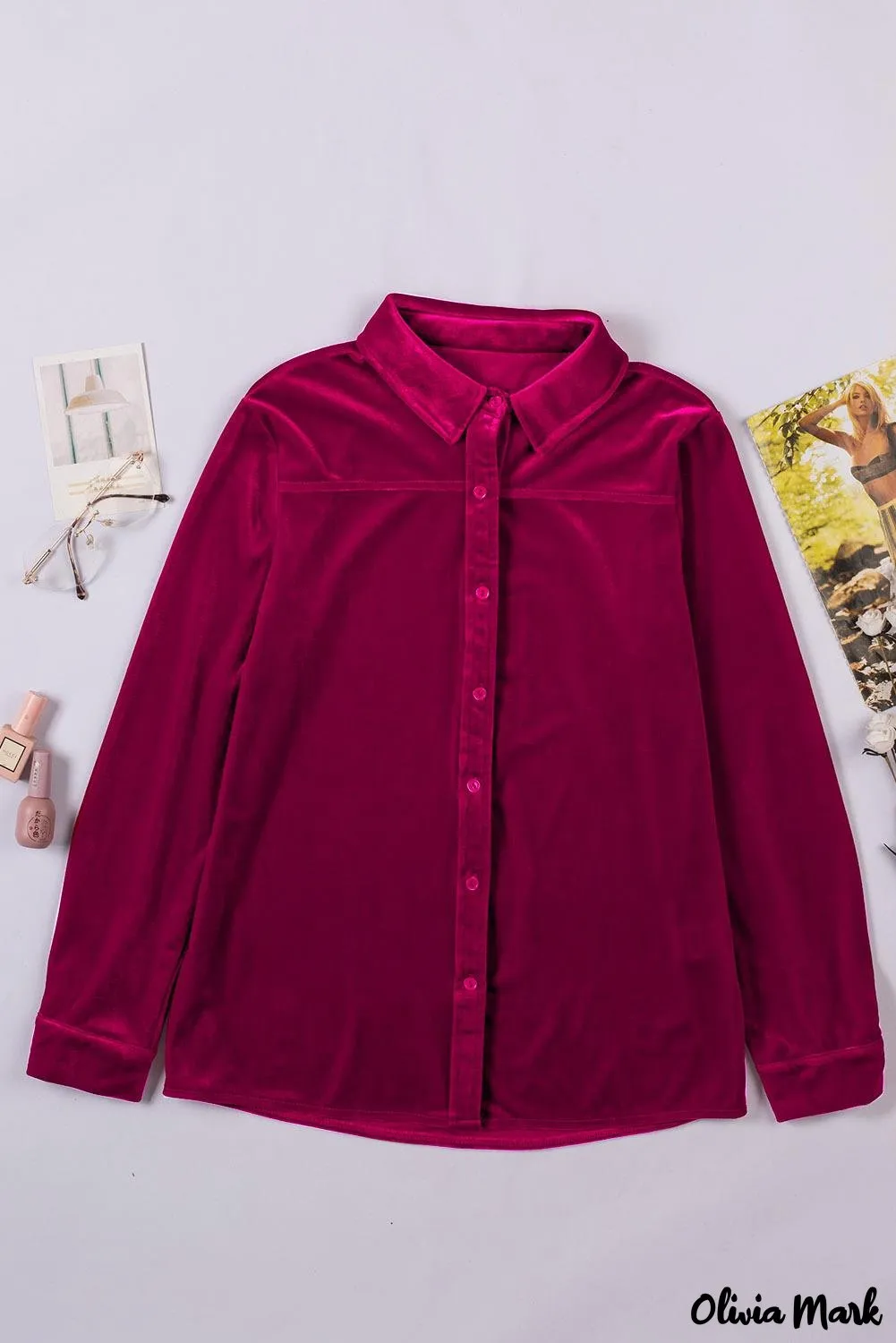 Xieyinshe - Navy Velvet Button Pocket Long Sleeve Shirt