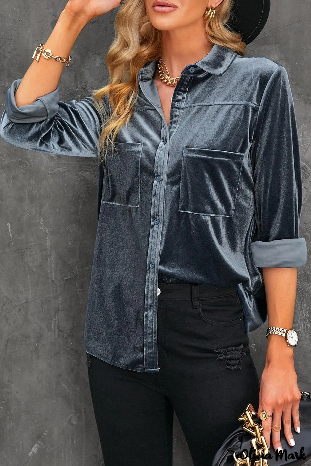 Xieyinshe - Navy Velvet Button Pocket Long Sleeve Shirt