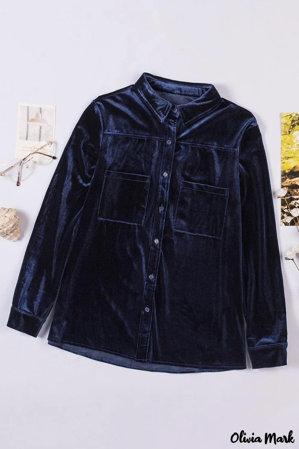Xieyinshe - Navy Velvet Button Pocket Long Sleeve Shirt