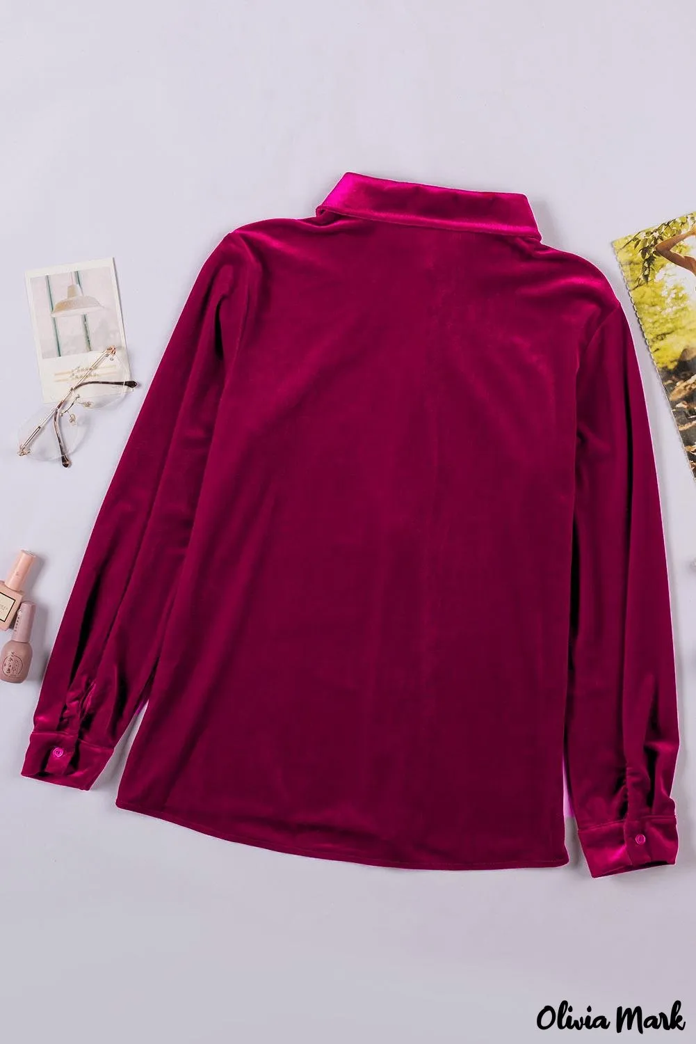 Xieyinshe - Navy Velvet Button Pocket Long Sleeve Shirt