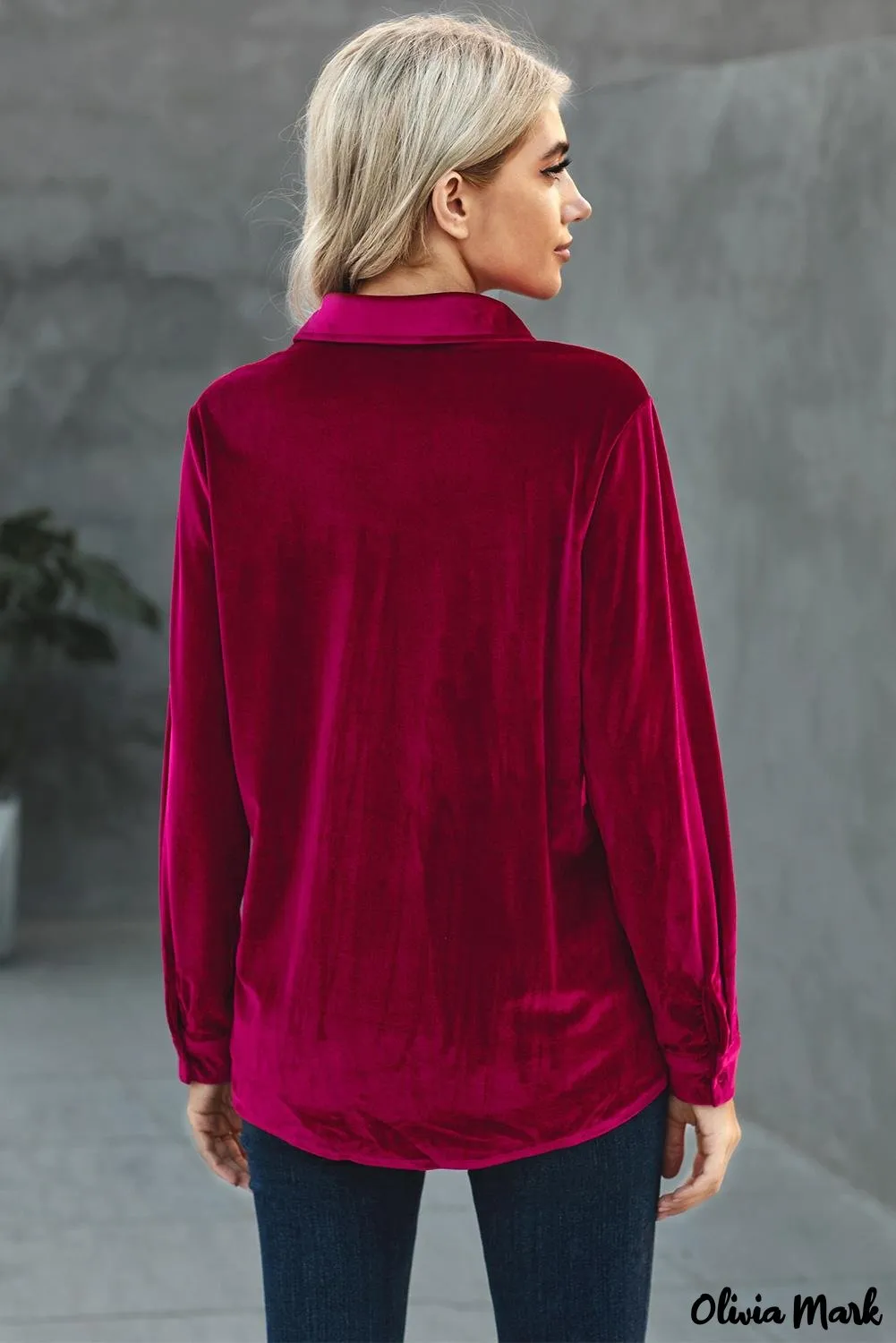 Xieyinshe - Navy Velvet Button Pocket Long Sleeve Shirt