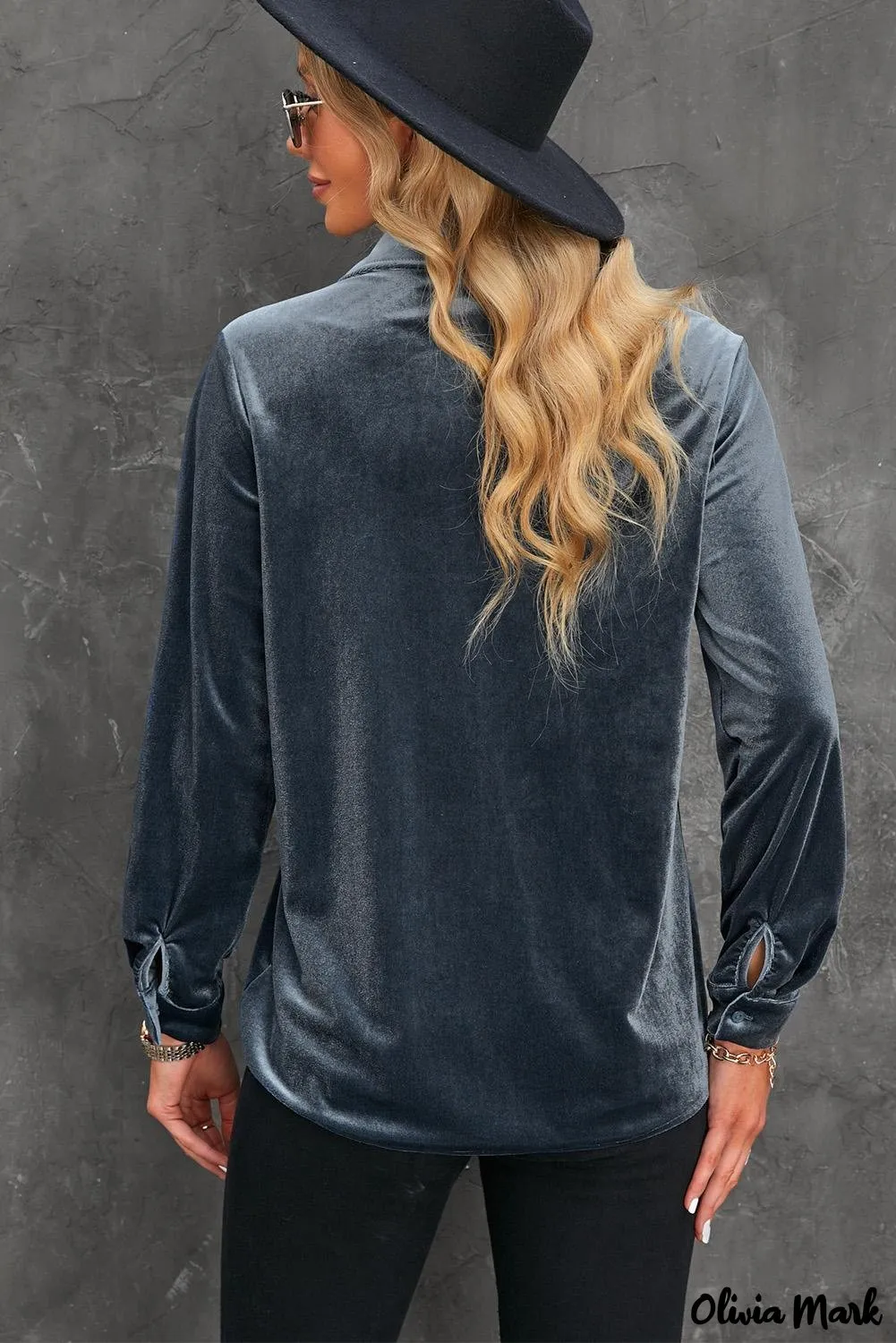 Xieyinshe - Navy Velvet Button Pocket Long Sleeve Shirt