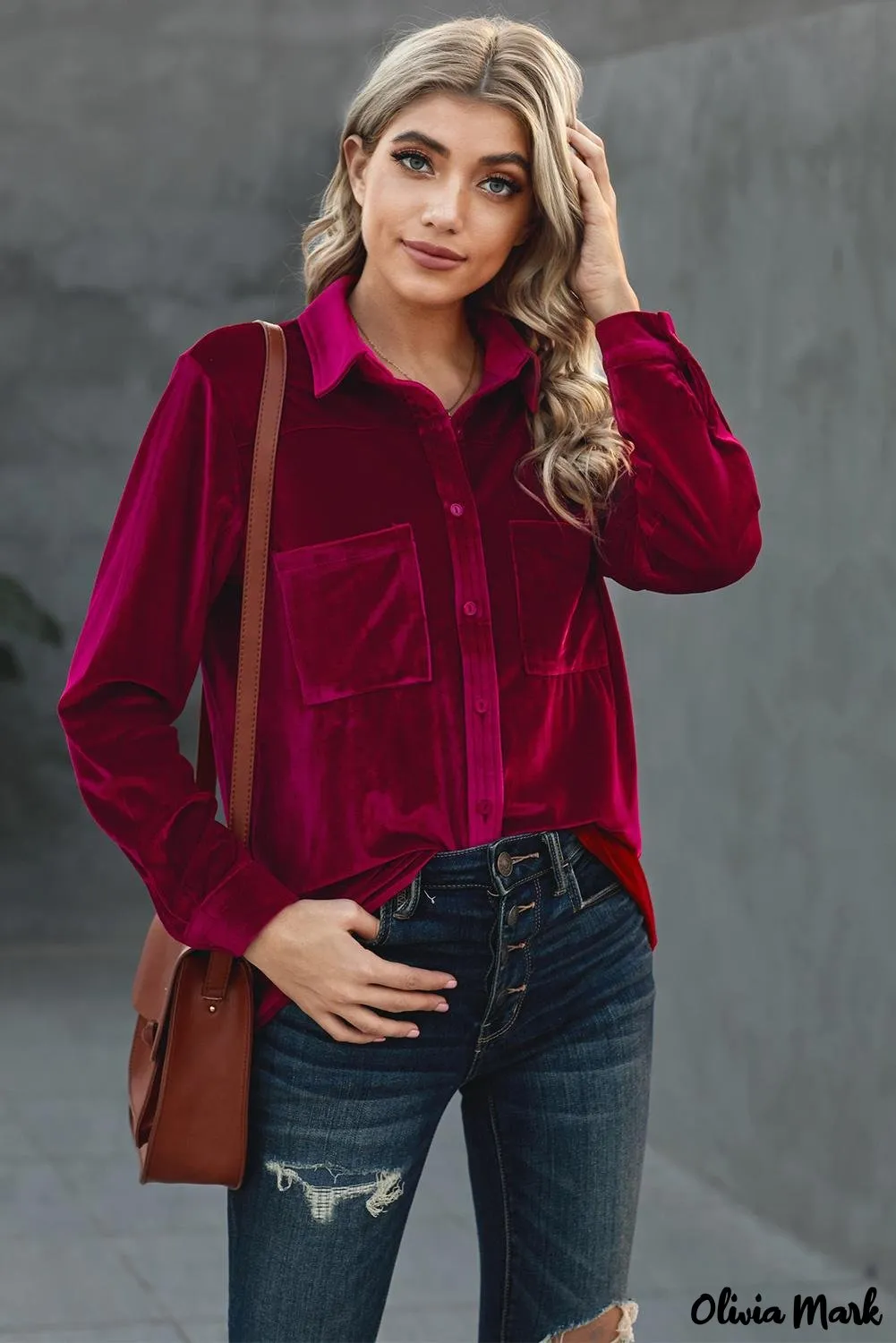 Xieyinshe - Navy Velvet Button Pocket Long Sleeve Shirt
