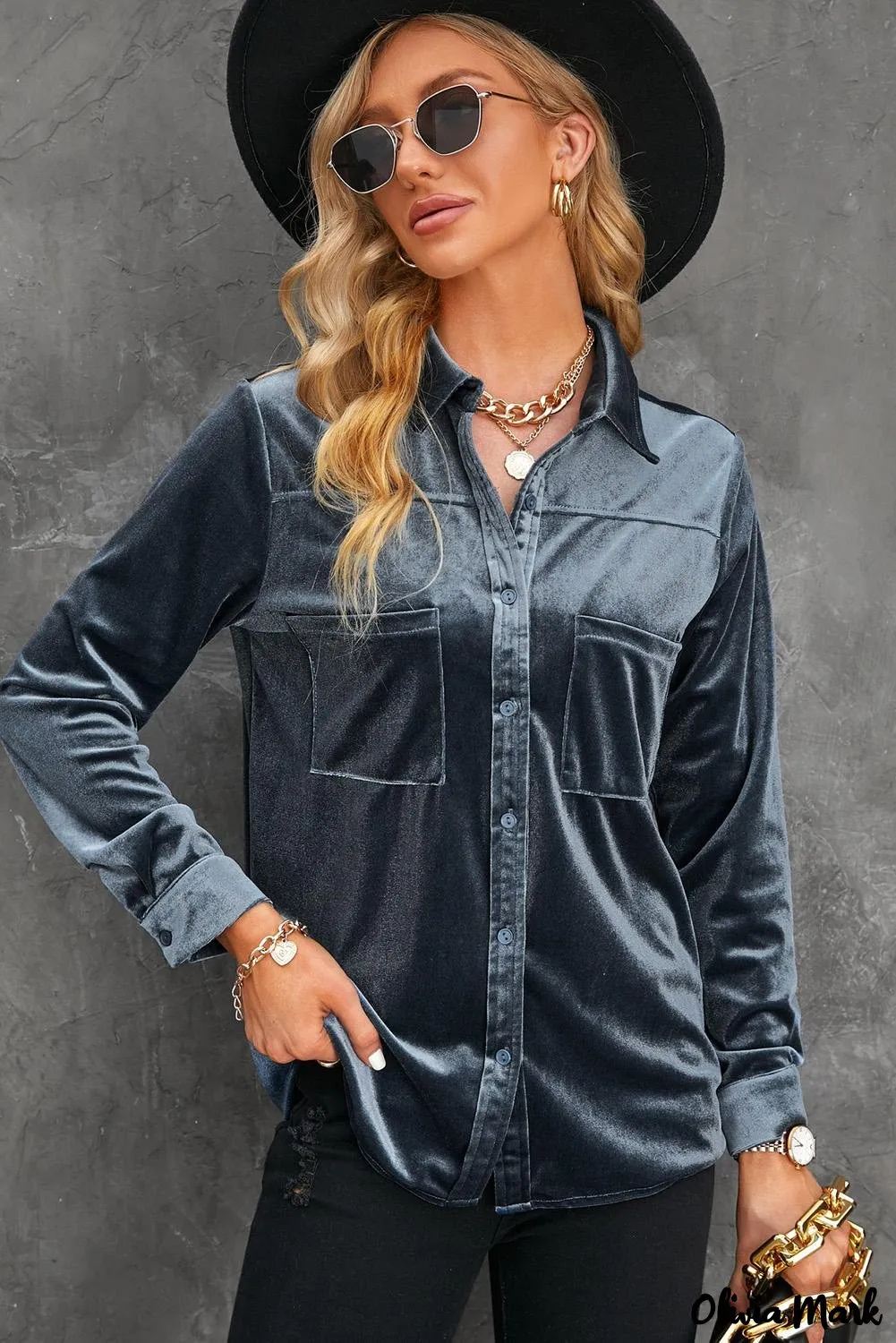 Xieyinshe - Navy Velvet Button Pocket Long Sleeve Shirt