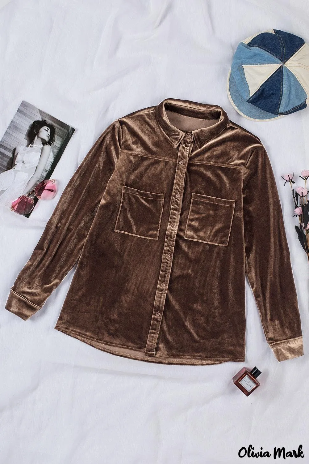 Xieyinshe - Navy Velvet Button Pocket Long Sleeve Shirt