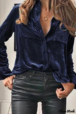 Xieyinshe - Navy Velvet Button Pocket Long Sleeve Shirt