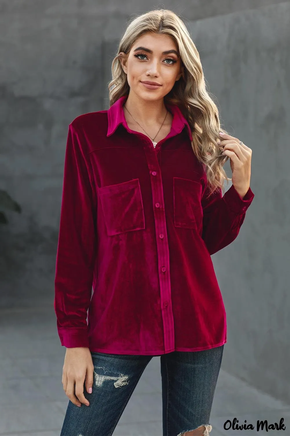 Xieyinshe - Navy Velvet Button Pocket Long Sleeve Shirt
