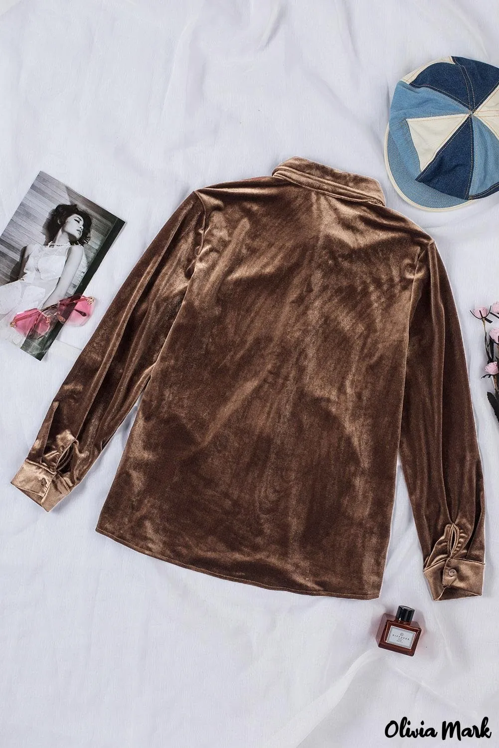 Xieyinshe - Navy Velvet Button Pocket Long Sleeve Shirt