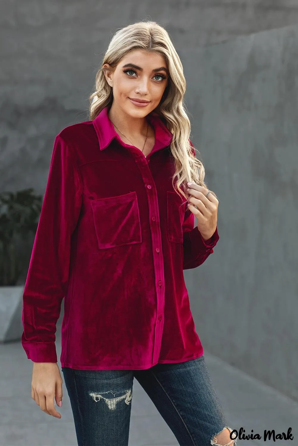 Xieyinshe - Navy Velvet Button Pocket Long Sleeve Shirt