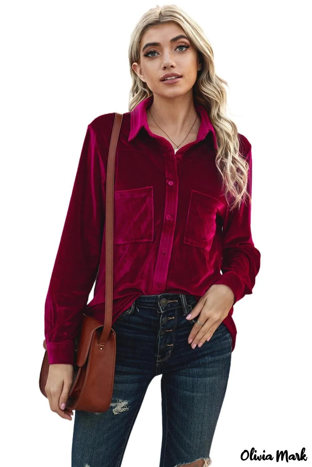 Xieyinshe - Navy Velvet Button Pocket Long Sleeve Shirt