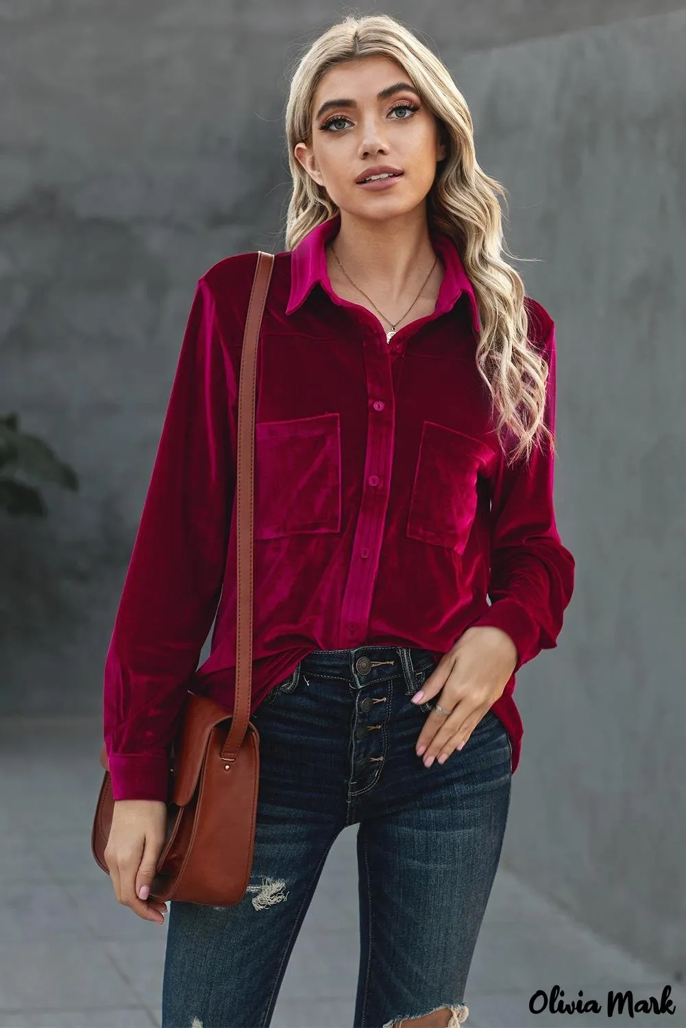 Xieyinshe - Navy Velvet Button Pocket Long Sleeve Shirt