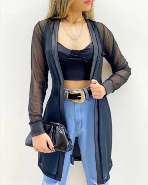 Xieyinshe - Open Front Long Sleeve Sheer Mesh Top