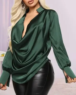 Xieyinshe - Plunge Neckline Long Sleeve Gathered Satin Shirt