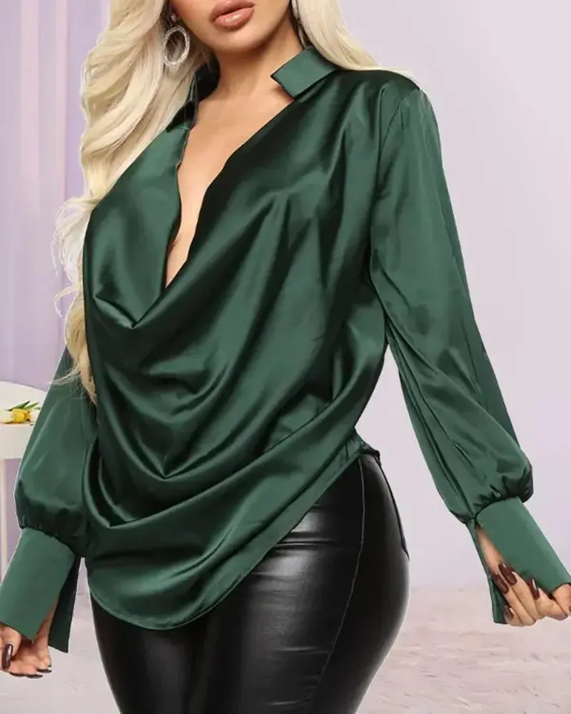 Xieyinshe - Plunge Neckline Long Sleeve Gathered Satin Shirt