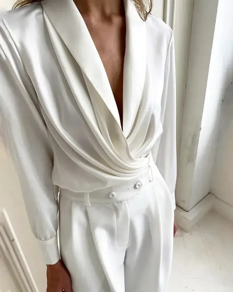 Xieyinshe - Plunging Cowl Neck Long Sleeve Ruched Top