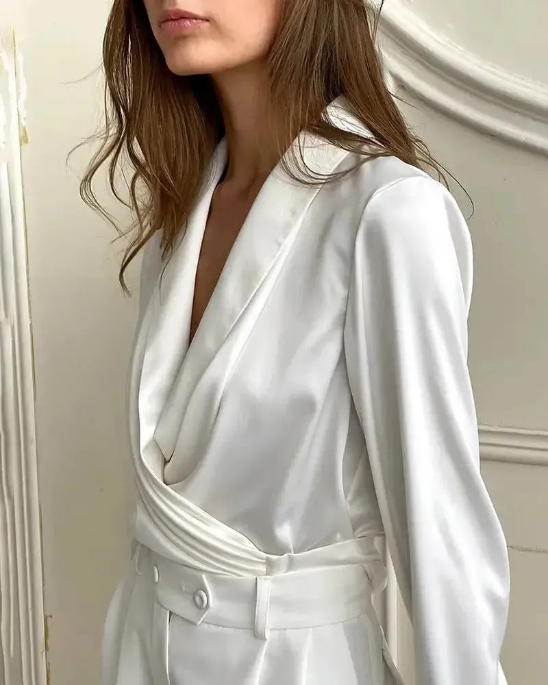 Xieyinshe - Plunging Cowl Neck Long Sleeve Ruched Top