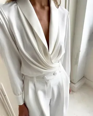 Xieyinshe - Plunging Cowl Neck Long Sleeve Ruched Top