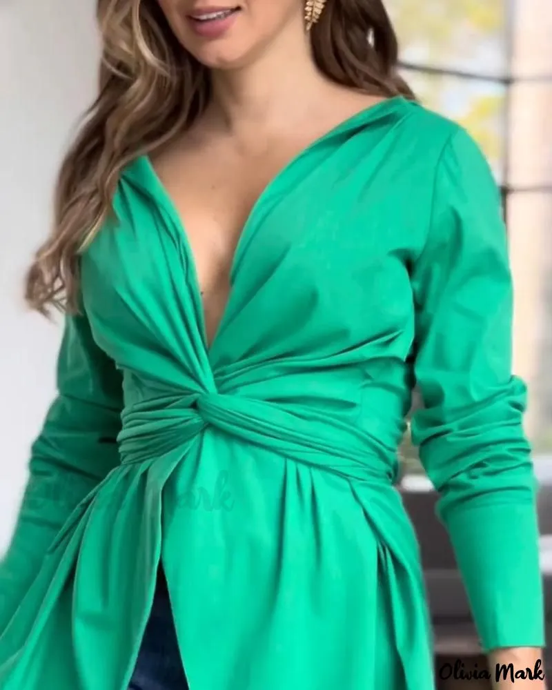 Xieyinshe - Premium Long Sleeve Twist-Front Ruched Top