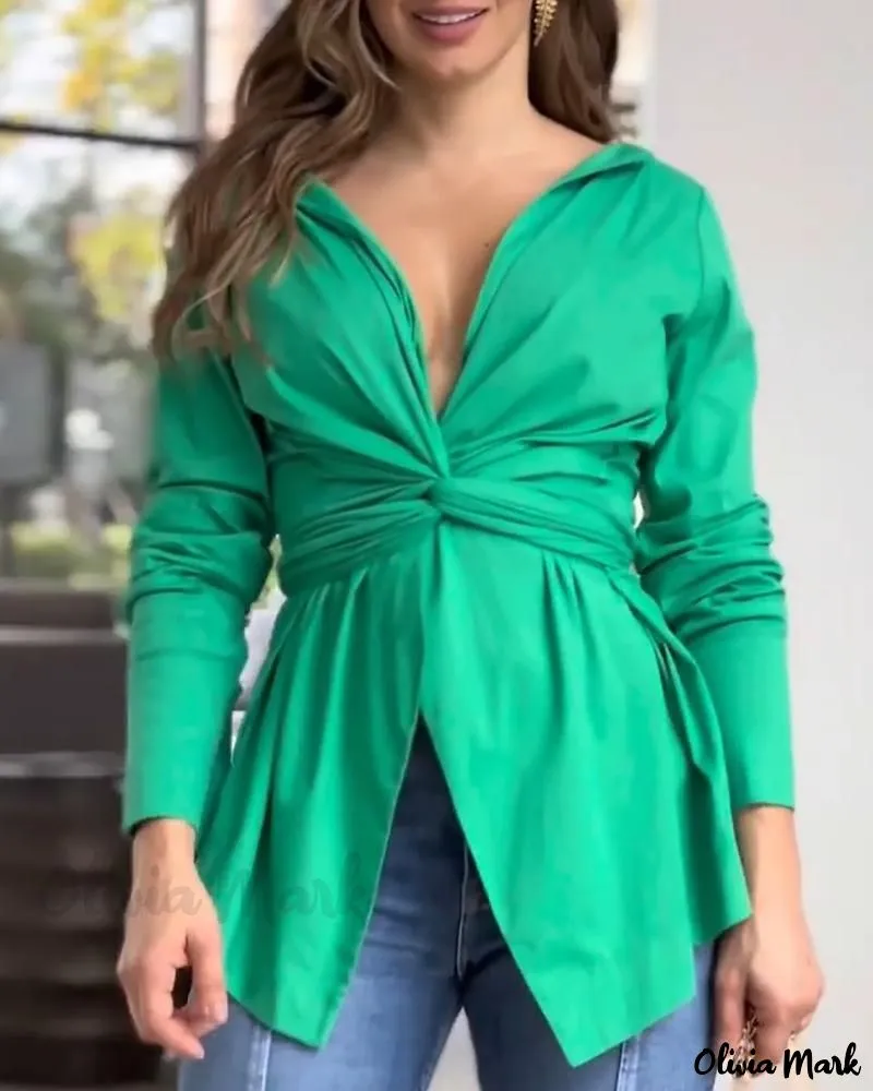 Xieyinshe - Premium Long Sleeve Twist-Front Ruched Top