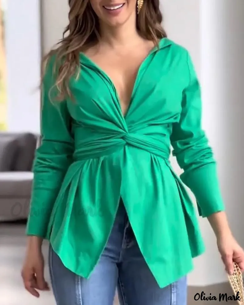 Xieyinshe - Premium Long Sleeve Twist-Front Ruched Top