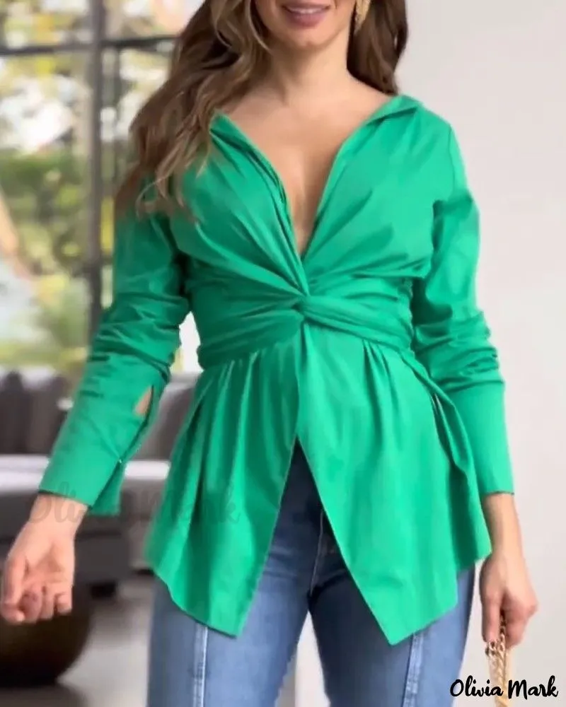 Xieyinshe - Premium Long Sleeve Twist-Front Ruched Top